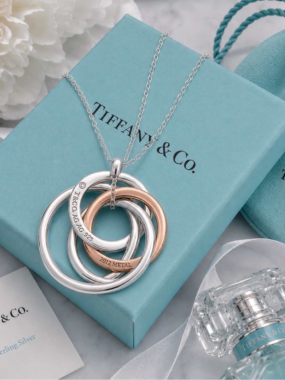 Large Tiffany & Co 1837 Rubedo Silver Interlocking 4 Circle Pendant Necklace 18”